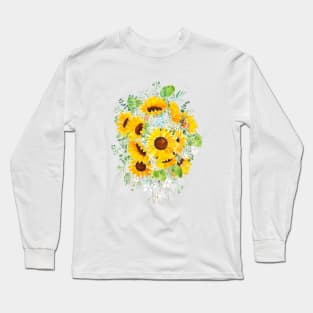 yellow sunflower blue hydrangea white orchid arrangement ink and watercolor Long Sleeve T-Shirt